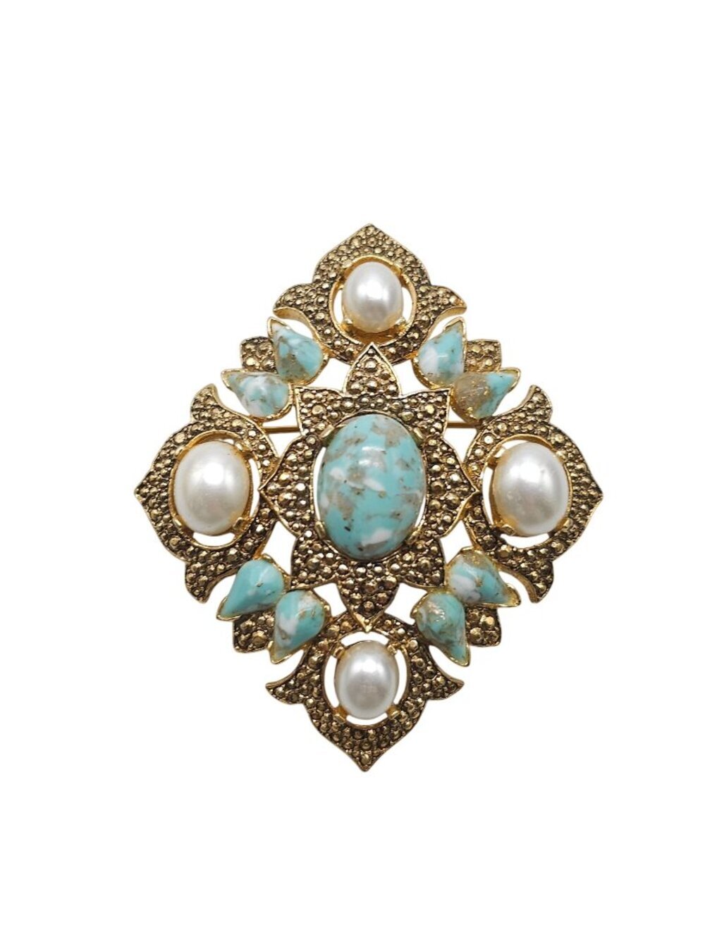 Vintage Sarah Coventry 1968 Remembrance Faux Turquoise Pearl Pendant Brooch Pin